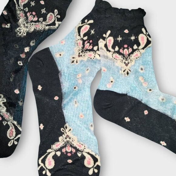 Womens Socks (7) OS Ankle Ruffle Black Sheer Floral Coquette Whimsicore Princess - Picture 2 of 5